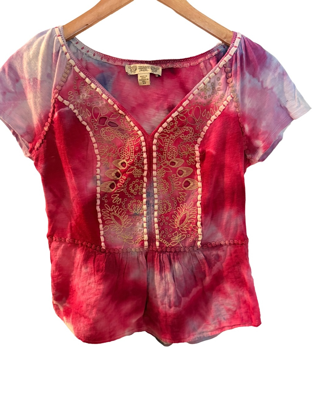 Boho Embroidered Ice Tie-Dye Women’s Top - Pink Red